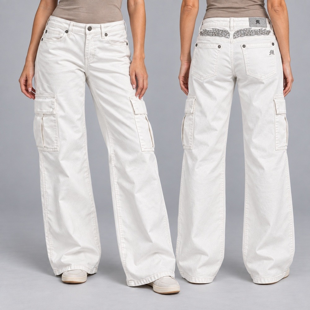 Miss Me Cake Topper White Angel Wing Cargo Wide Leg Jean Low Rise Size 34x30 NWT